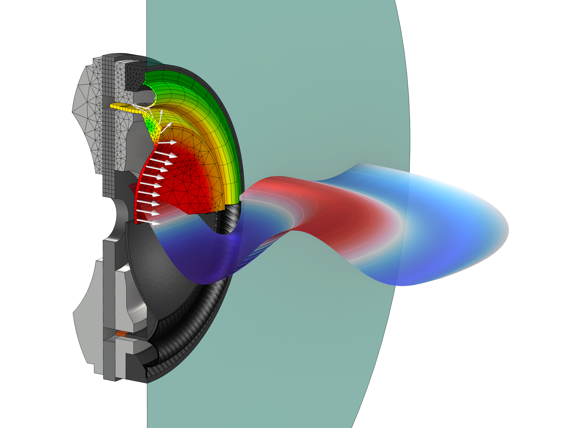 Querschnitt und Simulation eines elektrodynamischen Breitbandlautsprechers