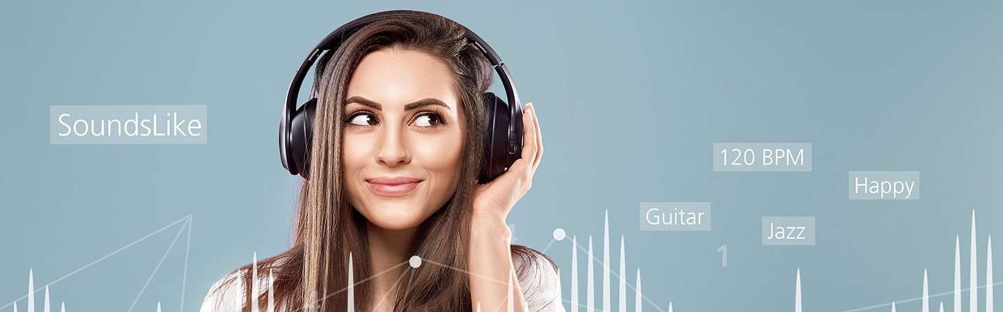 Woman with headphones surrounded by music tags