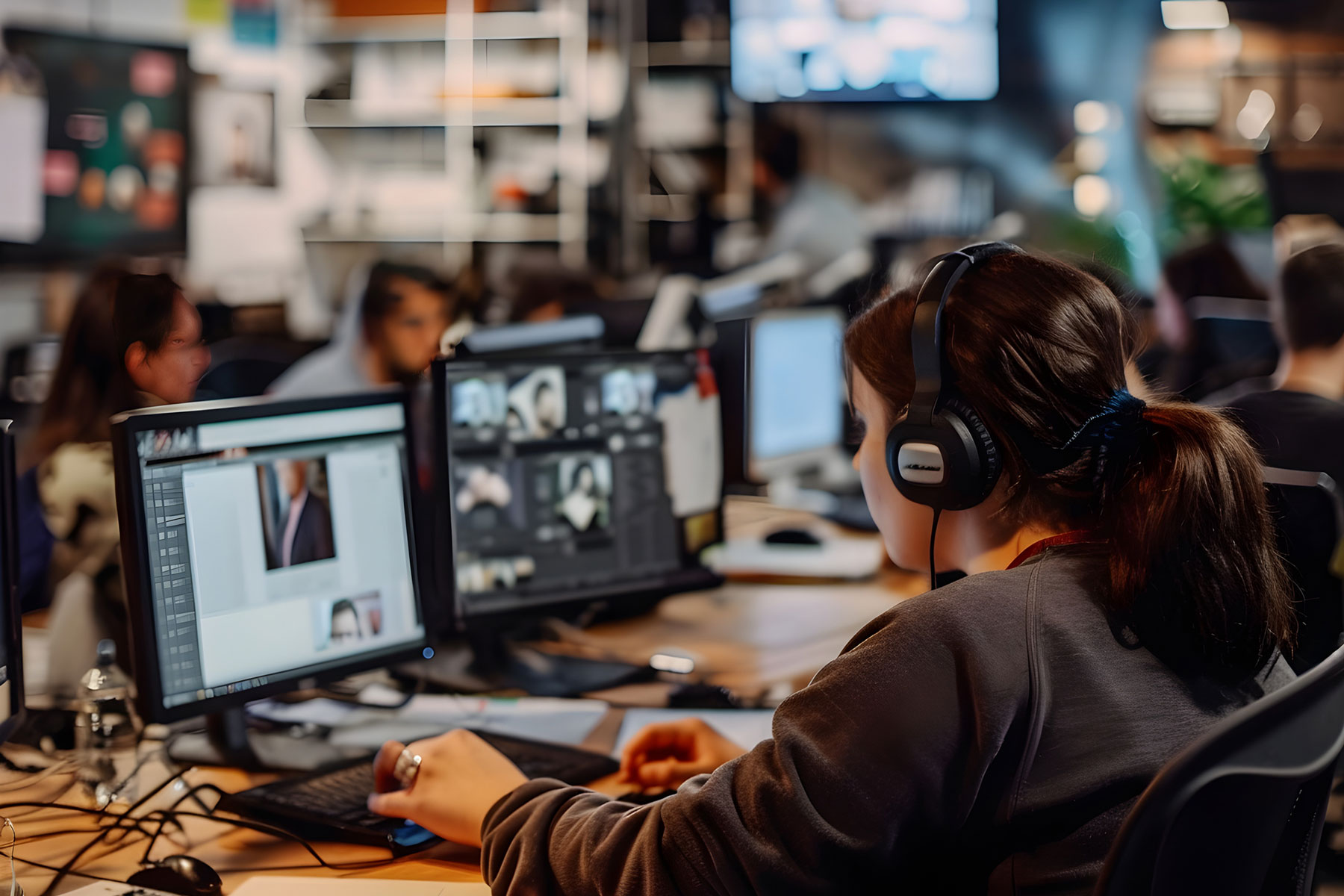 Jounalist with headphones in newsroom